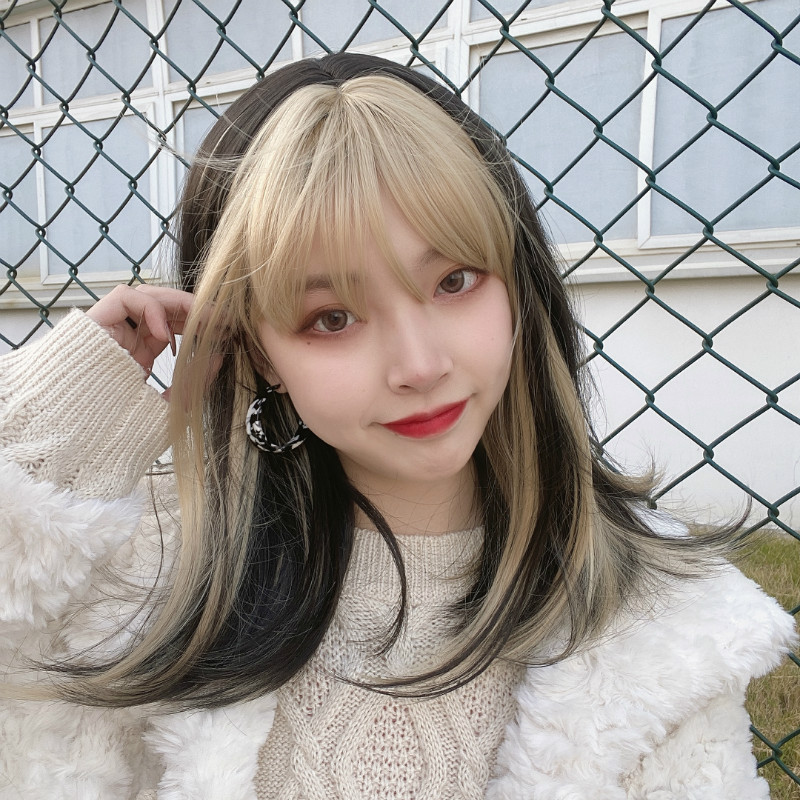 速卖通假发女中长发jennie同款金色挑染刘海时尚长直发化纤假发套