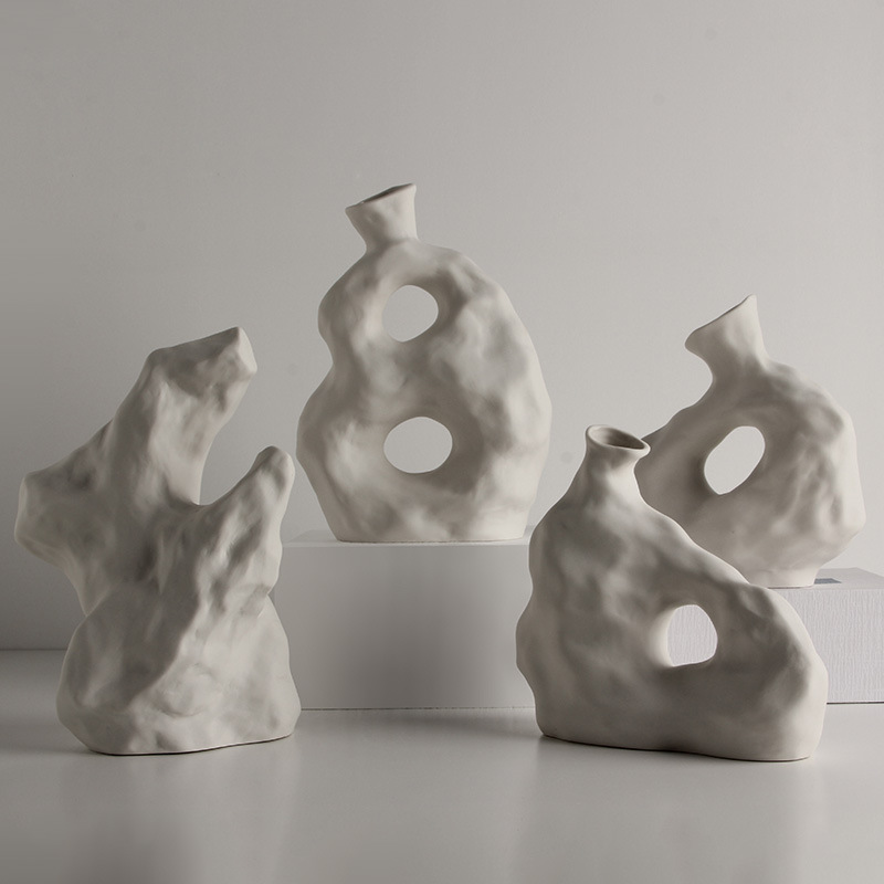 侘寂风素胚陶艺抽象几何花器民宿样板房现代艺术花瓶装饰摆件批发