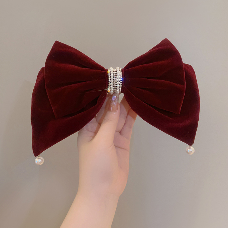 Red Velvet Oversized Bow Hanging Beads Hairpin Female Back Head Top Clip Hairpin High-Grade Temperament Headdress Hair Accessories