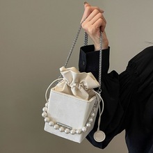 韩国直邮 代购 香奈儿chanel 复古双c 珍珠链条水桶包斜挎包 黑色