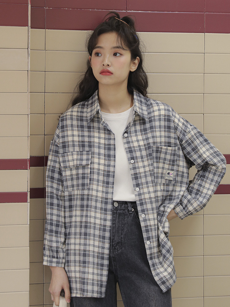 休闲格子衬衫女2022年春季新款小个子复古港味叠穿长袖衬衣上衣潮
