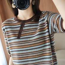 纯棉短袖T恤女夏季2023年新款韩版宽松洋气休闲复古条纹半袖上衣