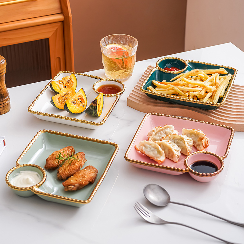 方形饺子盘子带蘸料碟个性家用陶瓷网红早餐盘创意分格薯条碟子