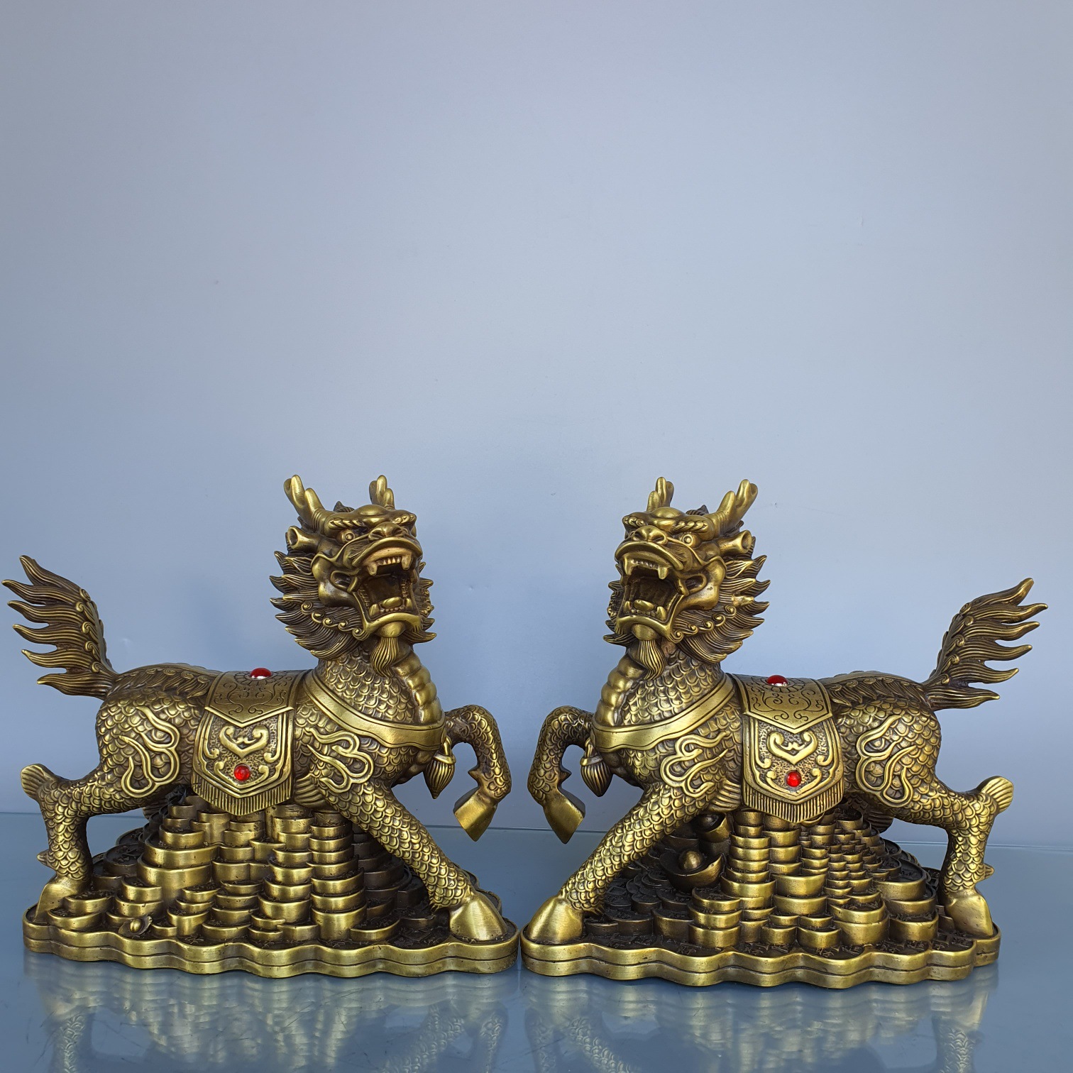 黄铜麒麟摆件金属工艺礼品家居办公室摆件一对福财麒麟 坐麒麟