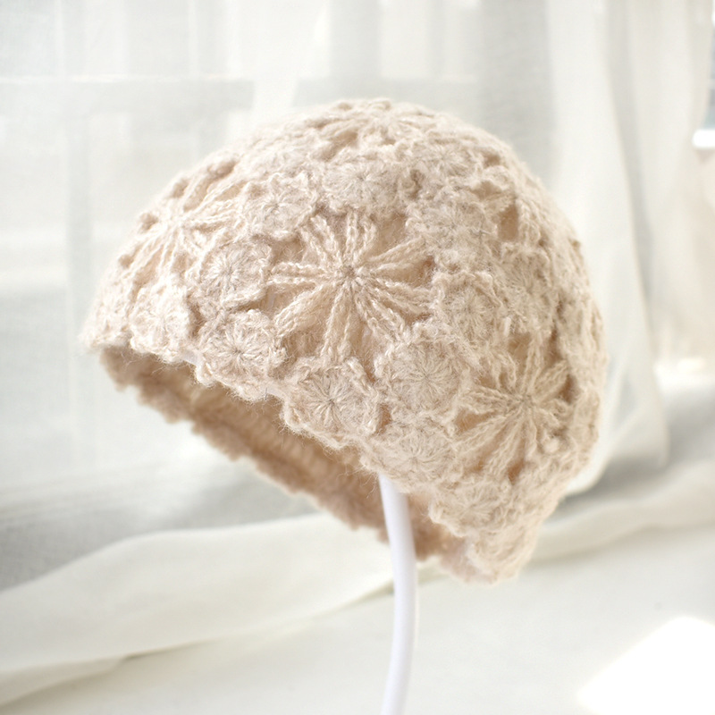帽子女冬时尚百搭春秋包头镂空贝雷帽女士手工编织钩织毛线帽