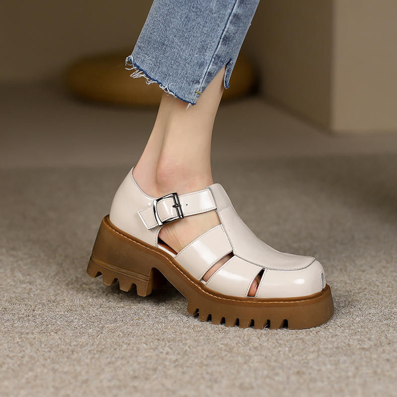 22夏新款罗马包头厚底凉鞋女镂空透气粗跟松糕底