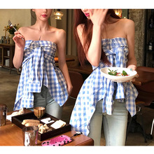 韩系蓝色格子衬衫女夏季不规则下摆jue美外穿无袖一字肩抹胸上衣