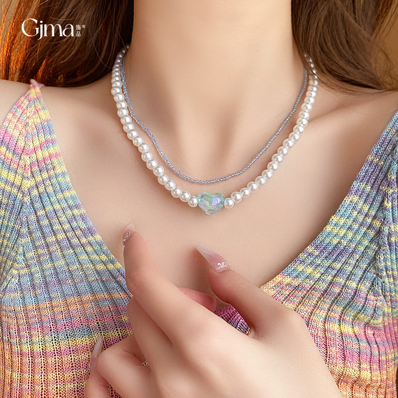 Korean Style Elegant Lovely Double-Layer Pearl Necklace Online Celebrity Personalized Clavicle Chain Sweet Girl Heart Necklace for Women