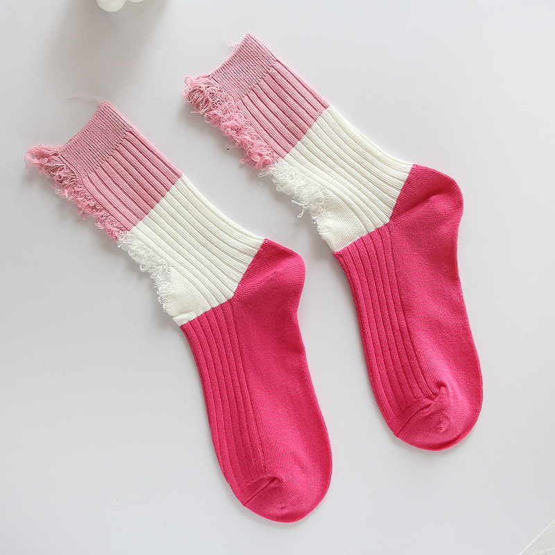 Spring and Summer New Ripped Socks Female Mid-Calf Length Loose Socks Color Matching Beggar Socks Contrast Color Long Socks Trend Double Needle Women's Socks