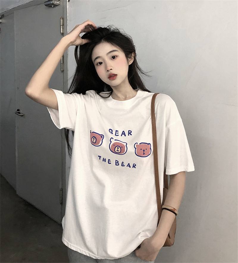 Spring and Summer New Short Sleeve T-shirt Women's Cotton Loose All-Matching Printed Women's T-shirt Inner Casual Students' Half-Length Sleeve Top