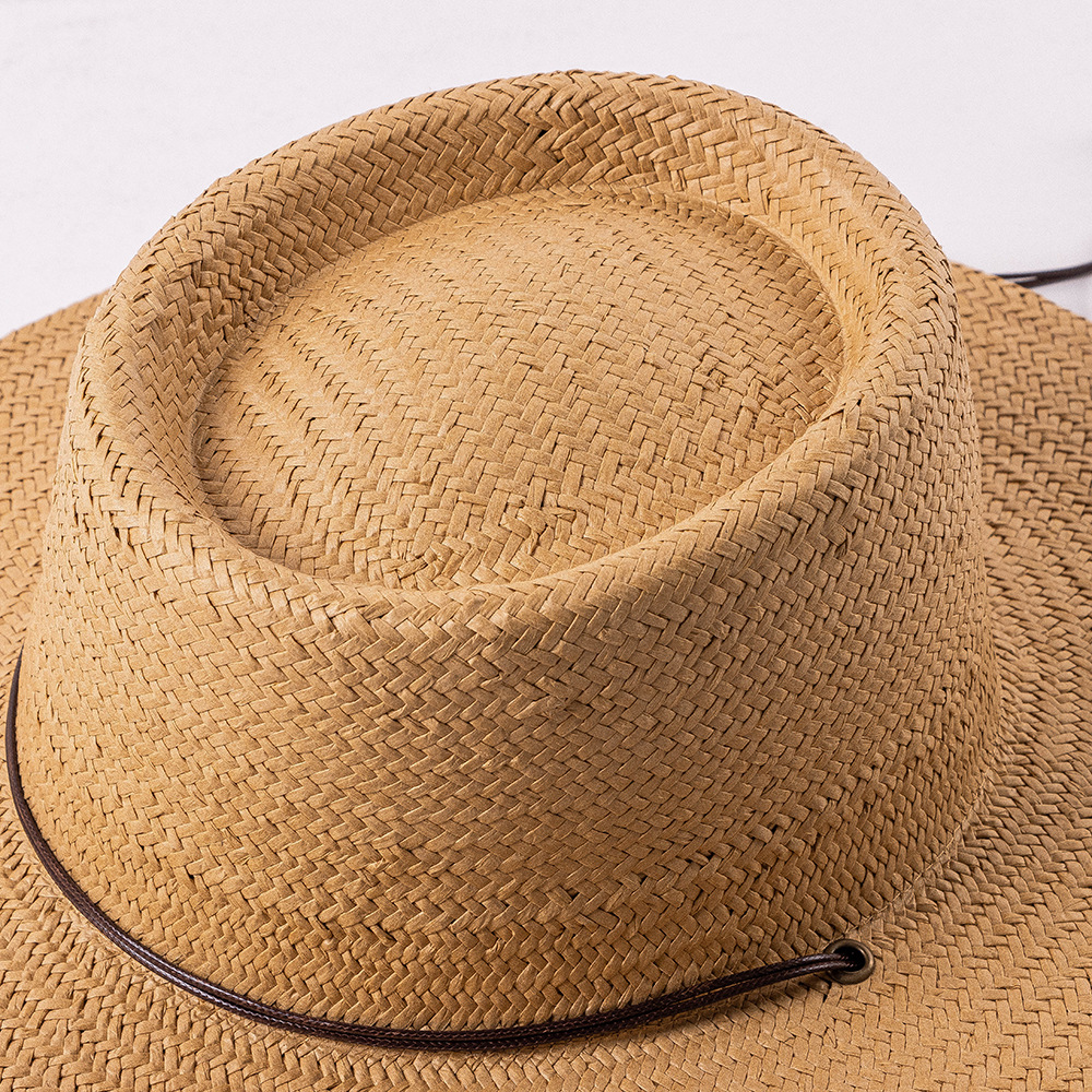 春夏新款时尚休闲圆环顶带系绳绑带宽檐草帽户外沙滩防晒遮阳草帽