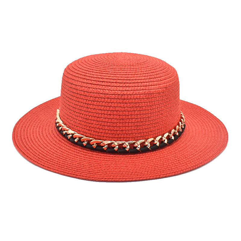 Summer New Chain Flat Straw Hat Women's European and American Outdoor Casual Sun-Proof Hat Stylish Beach Top Hat