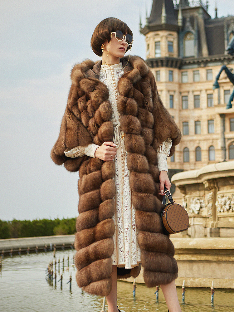 sju高奢整貂新款俄罗斯紫貂长款带帽大衣巴黎经典设计皮草气质女