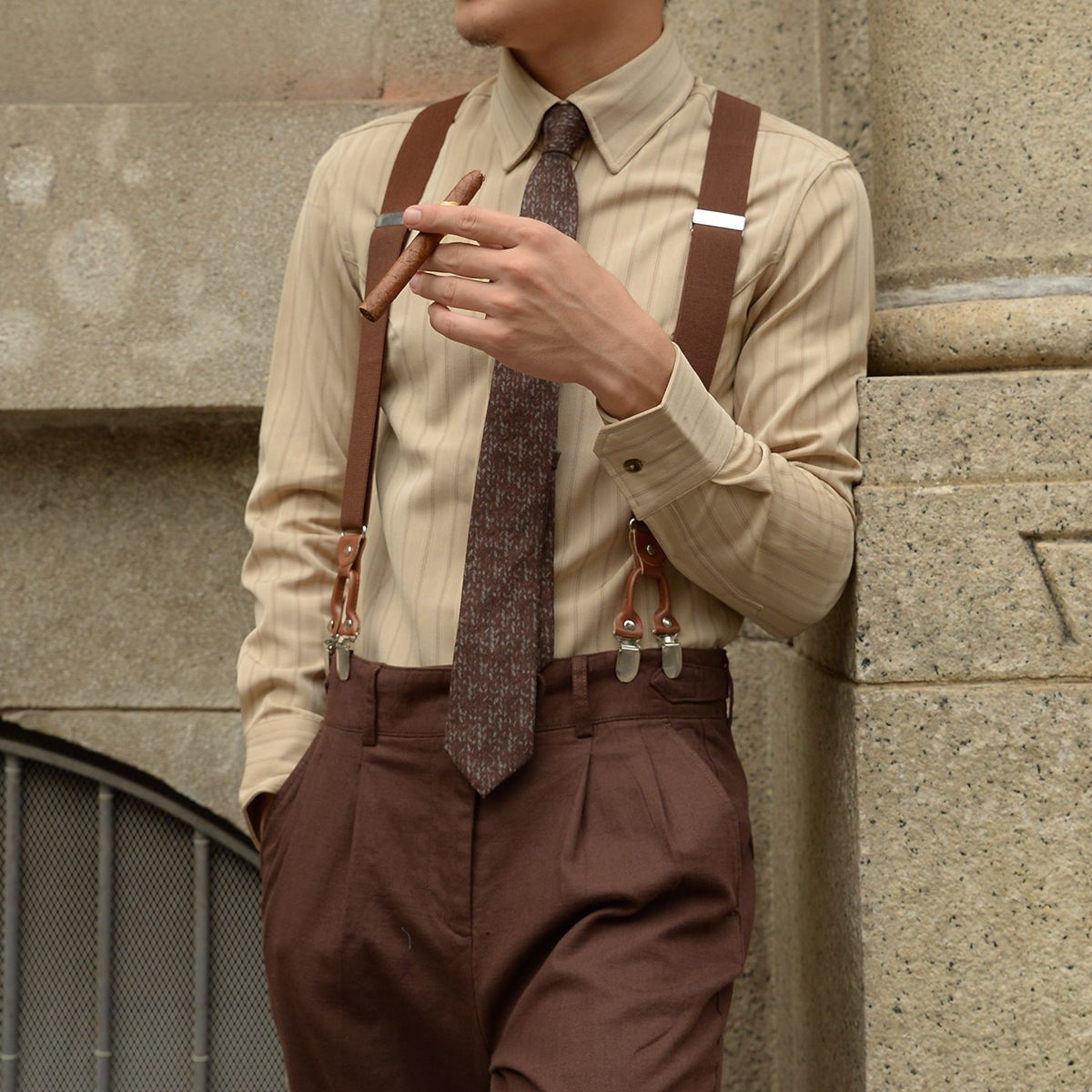 复古咖色条纹衬衫男士长袖商务休闲上衣尖领英伦时尚美式正装衬衣