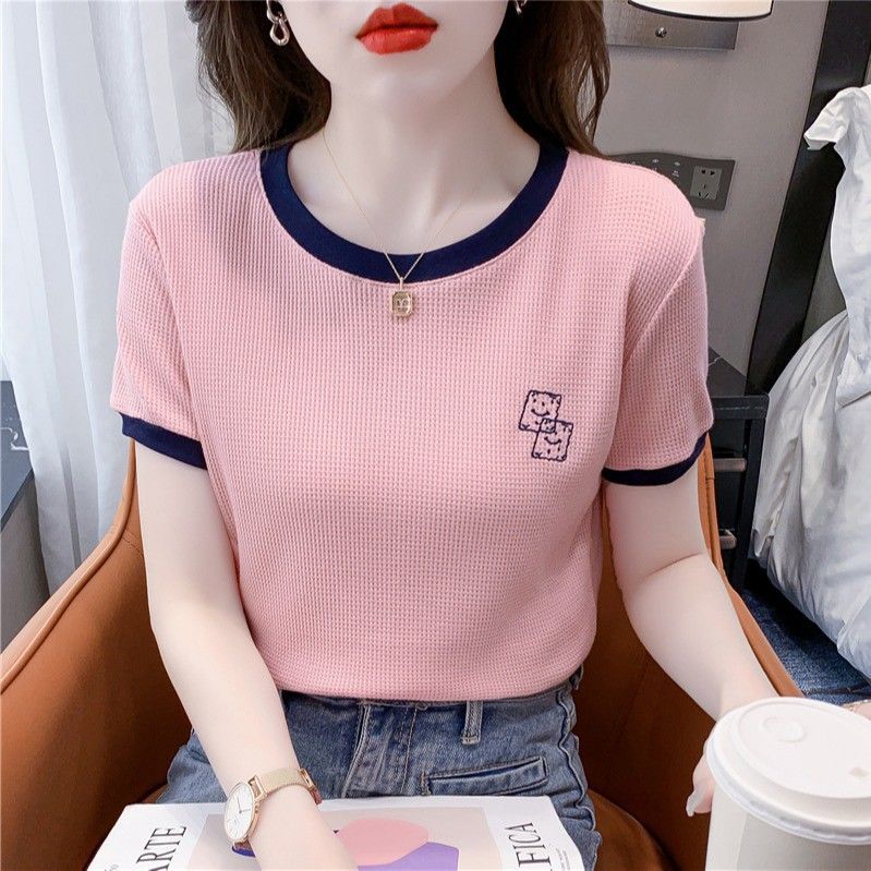 European Goods Fashion Short Sleeve T-shirt Women's Clothing 2022 Summer New Loose Fashion Color Contrast Chic Top