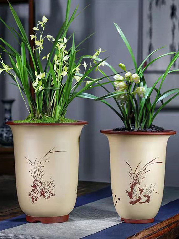 宜兴精品紫砂粗陶简约多肉植物兰花盆桌面绿植陶瓷大兰花盆刻绘