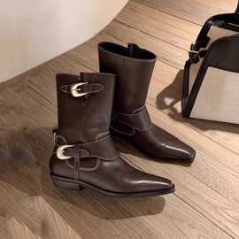 苏茵茵冬季靴子中筒加绒皮靴西部牛仔靴女款短靴女2025秋冬马丁靴