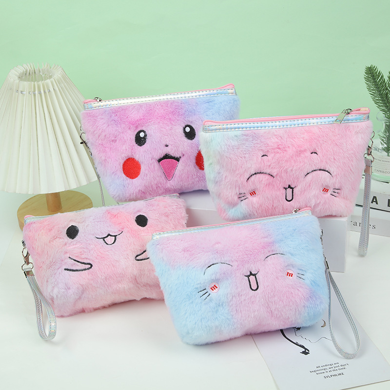 Cute Plush Embroidery Triangle Cosmetic Bag Storage Bag Multifunction Storage Bag Pencil Case Student Storage Stationery Case