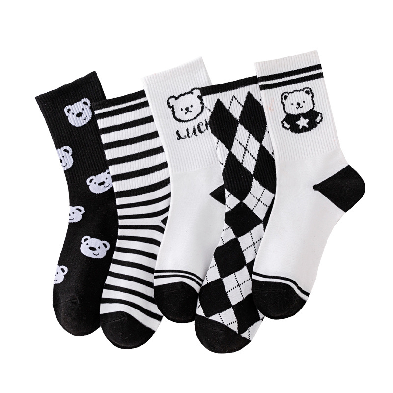 Zhuji Wholesale Cotton Socks Foreign Trade Cartoon Long Socks Spring/Summer Women's Mid-Calf Length Sock Black and White Bear Chessboard Plaid Striped Socks