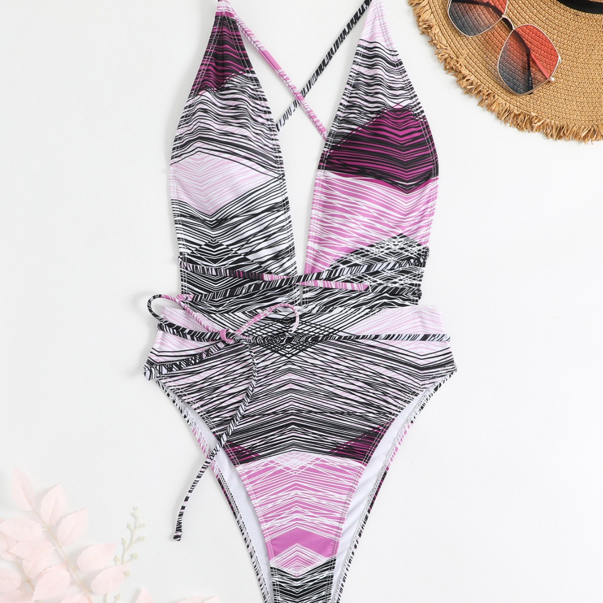 亚马逊欧美时尚性感印花v领跨境电商连体泳衣比基尼泳装女 速卖通