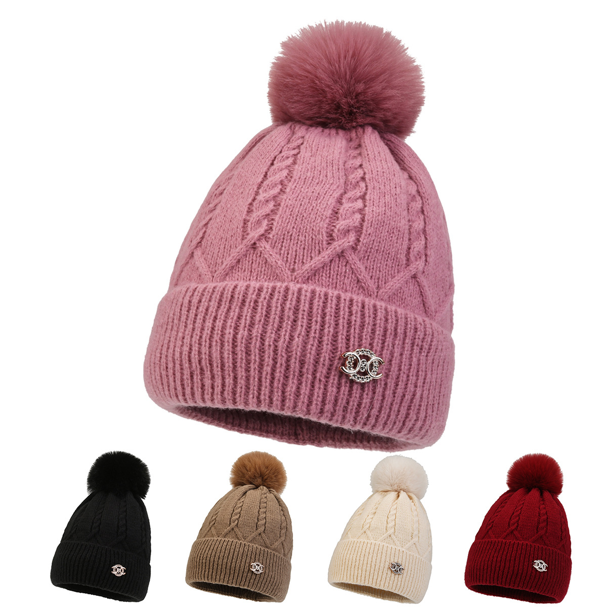 Women's Winter Solid Color Knitted Hat Thickened Fleece-Lined Warm-Keeping and Cold-Proof Woolen Cap Korean Style All-Match and Sweet Fur Ball Hat