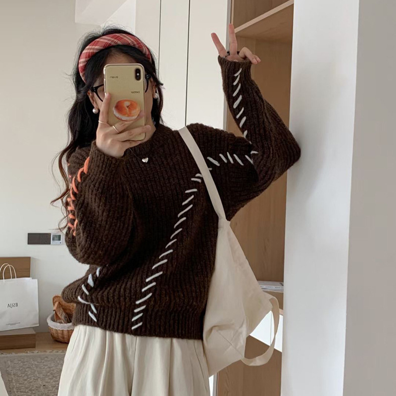 h2022 加厚套头线衣针织衫韩版秋冬粗棒针明线手工
