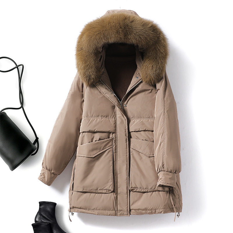 真毛领连帽羽绒服女2024冬季新款时尚大口袋保暖白鸭绒羽绒服7255