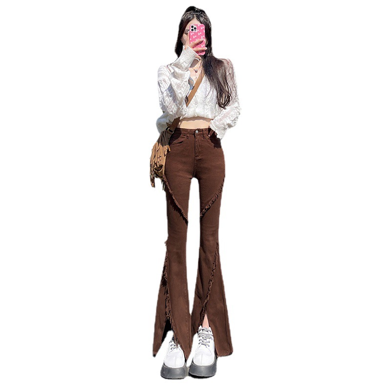   Brown Skinny Jeans Women's Autumn High Waist Coffee Color Retro Brown American Extended Version Workwear Flared Pants