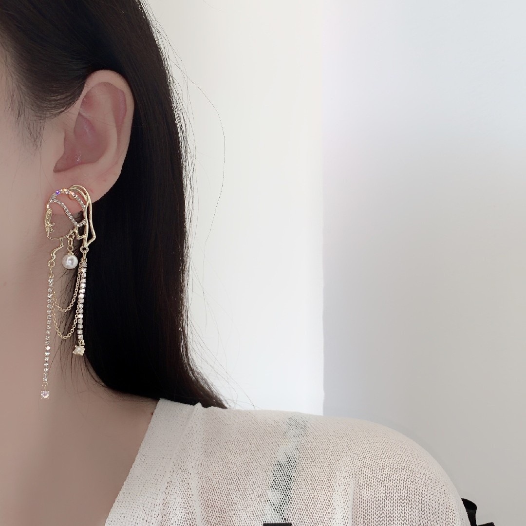 抖音爆款耳饰美女人像轮廓戴带珍珠耳环的少女ins风长款流苏耳坠