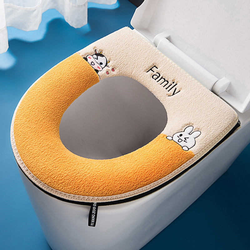 Supply with Handle Toilet Mat Velcro Zipper Cushion Winter Toilet Seat Cover Embroidery Pattern Toilet Cover