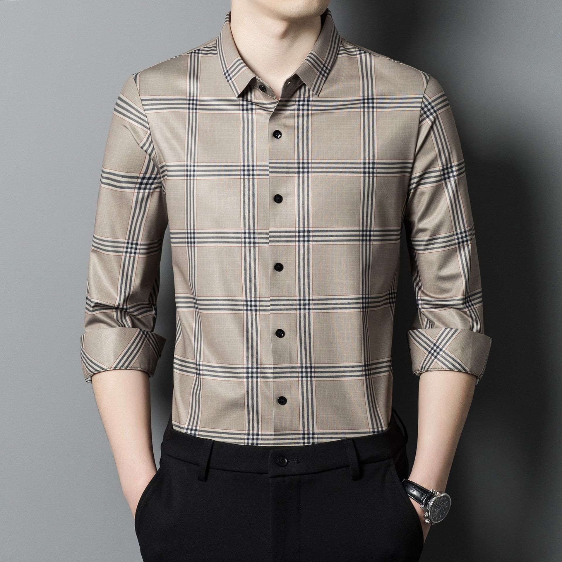 春秋季新款男士衬衫中青年时尚休闲薄款直筒型衬衣男一件代发灰色