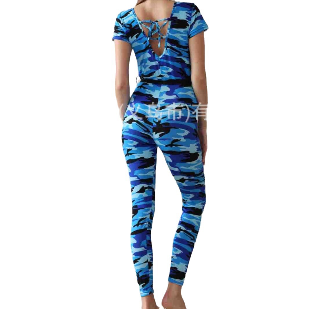 2024 Spring and Summer New Foreign Trade Women's Elastic Milk Silk Camouflage Short-Sleeved Trousers One-Piece Pajamas Pajamas