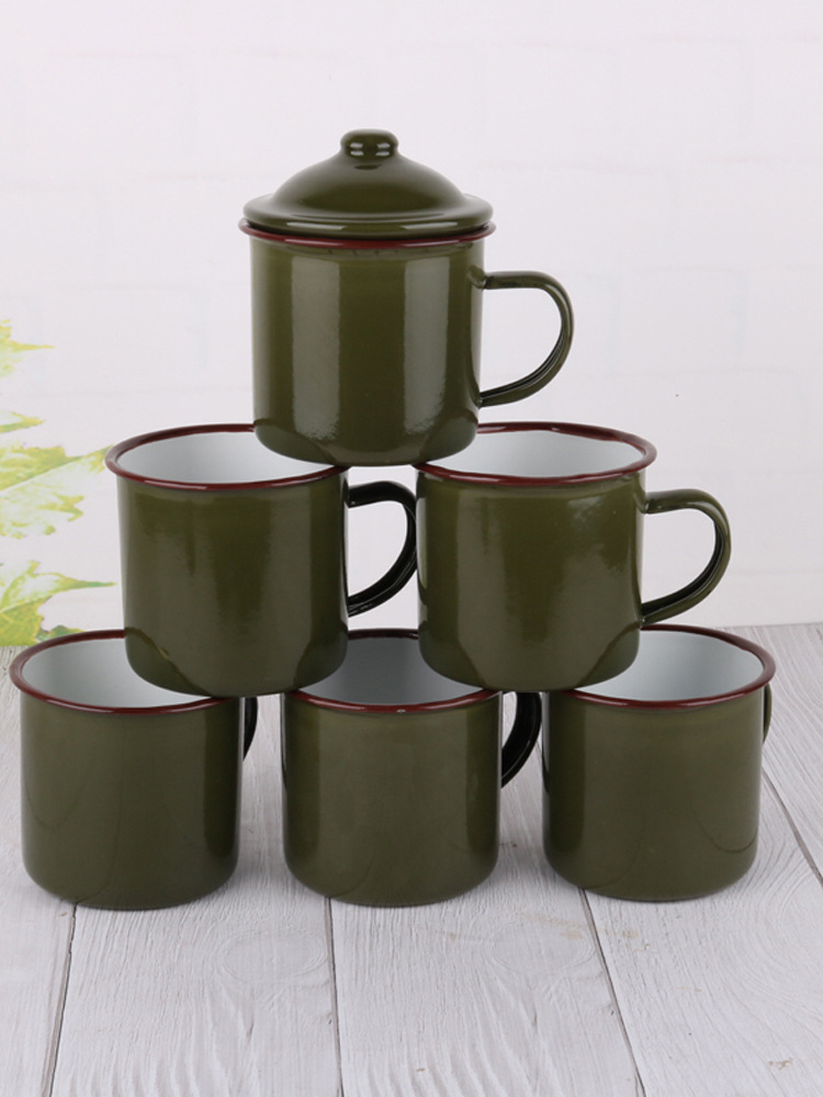 包邮老式怀旧经典军绿色搪瓷杯复古老式茶缸铁茶缸子有盖 泡茶杯