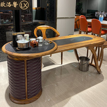 新中式现代轻奢乌金木实木火烧石喝茶会客家用储物茶桌台椅凳组合