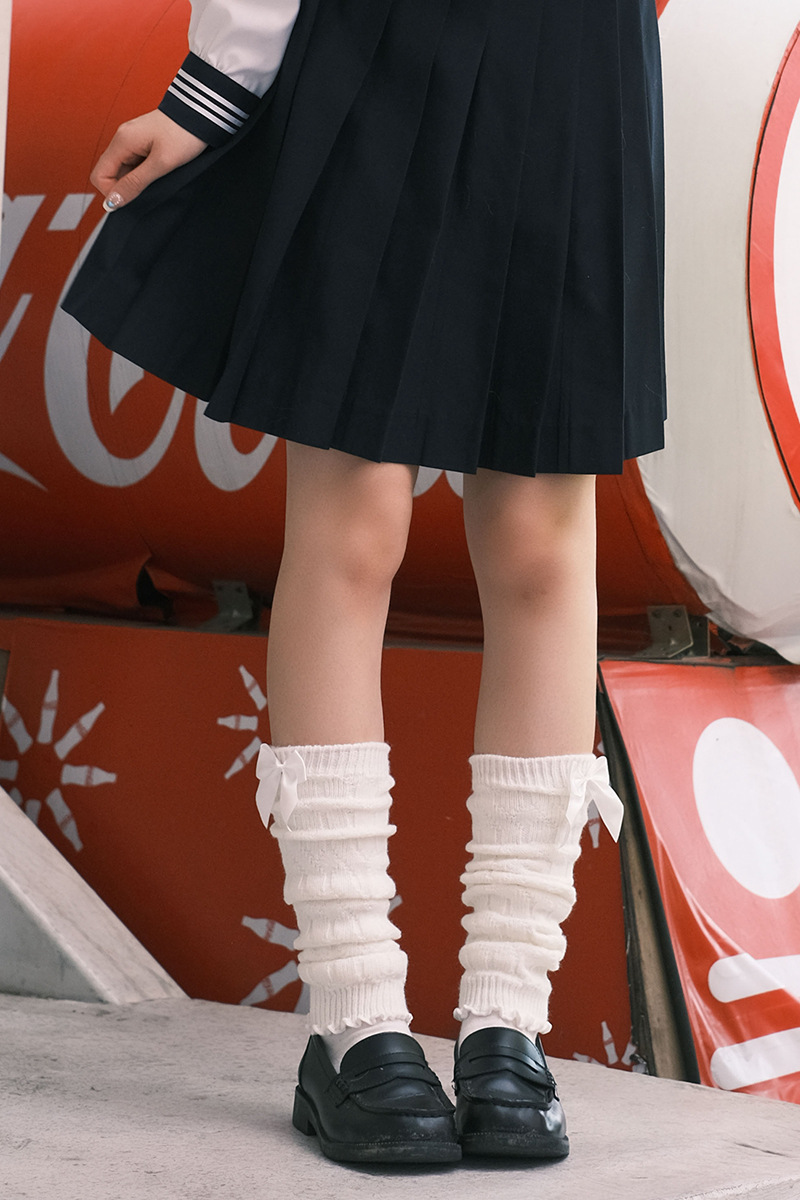 可爱蝴蝶结纯色袜套冬季保暖甜美女生jk制服护膝袜堆堆长筒针织袜