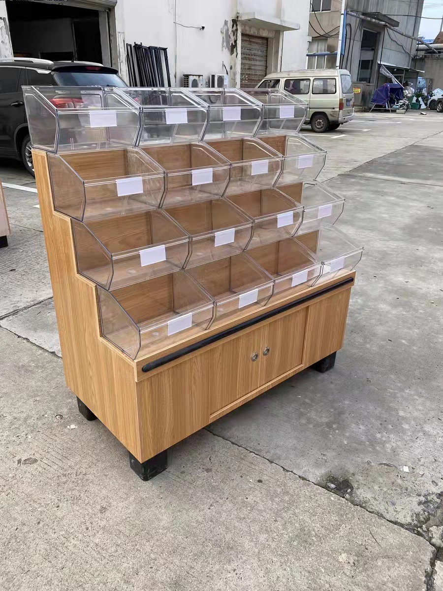 超市散称货架 木质中岛展示柜零食休闲小食品散装糖果便利店货架
