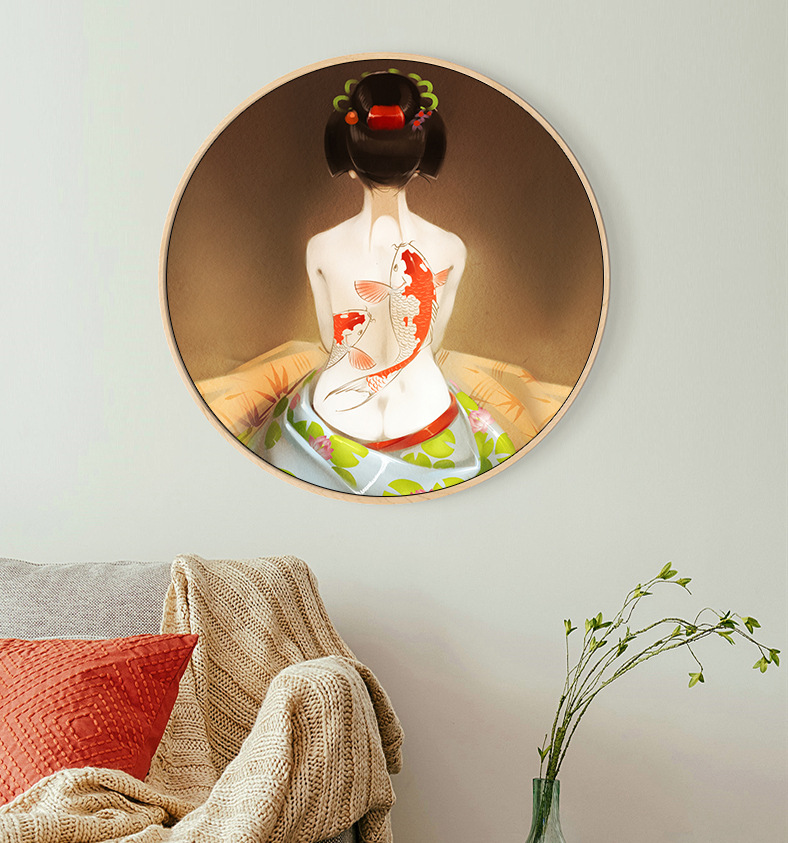 日式禅意圆形框挂画日本仕女图装饰画美容院挂画玄关过道圆形壁画