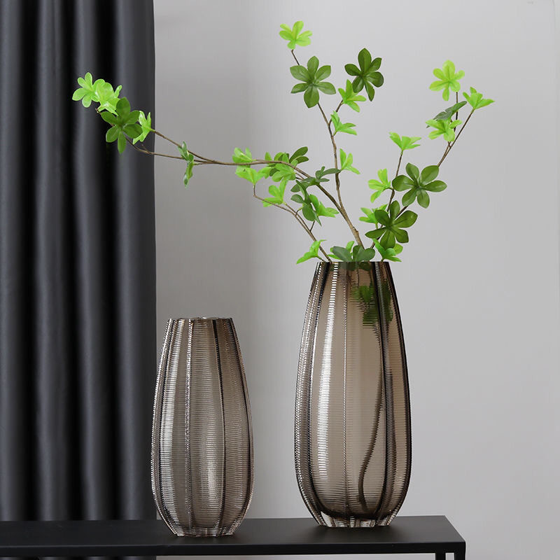 咖色玻璃花瓶现代简约透明插花水养雪柳花器客厅玄关茶几装饰摆件