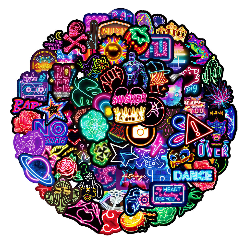 100张新款个性霓虹灯涂鸦贴纸水杯防水冰箱行李箱电脑装饰贴画