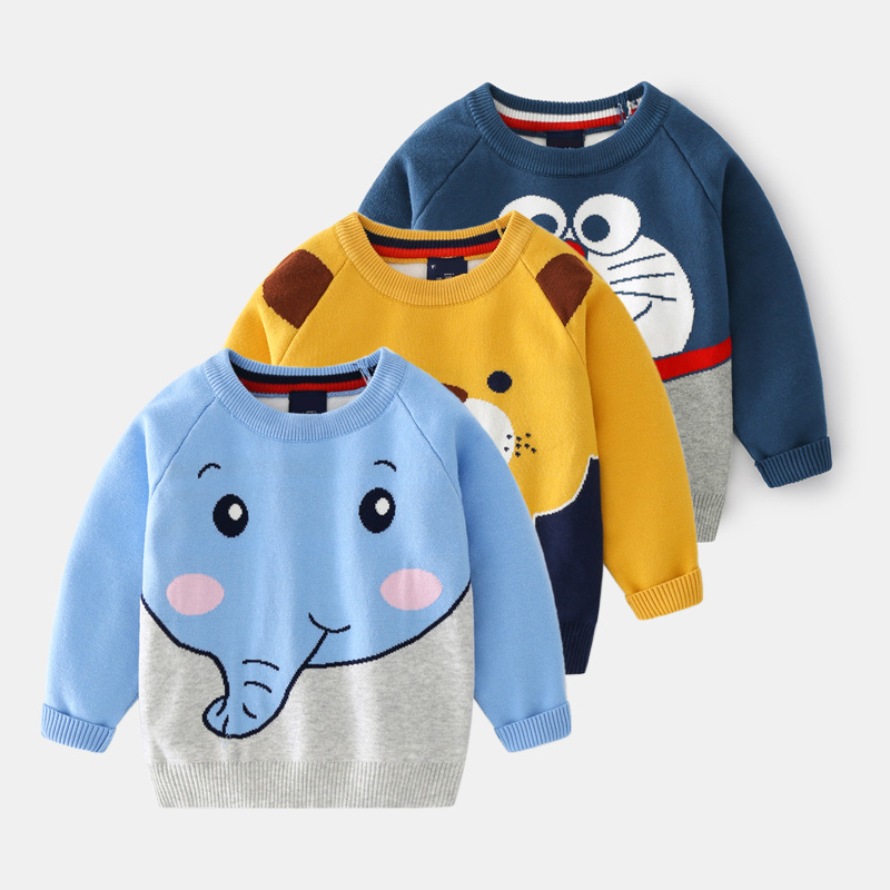 童装批发 宝宝毛衣卡通大象提花 双层棉纱男孩秋装新款 儿童上衣