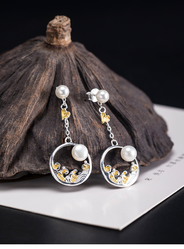 素十八s925银复古宫廷风波浪耳坠女气质大方唯美浪花朵朵耳环饰品