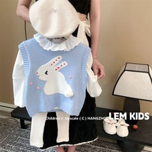 韩国童装女童秋装2024新款宝宝洋气兔子针织马甲背心儿童可爱毛衣