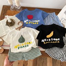 儿童格子套装 0-5岁夏季湖州织里男童字母T恤女童短裤两件套AT095