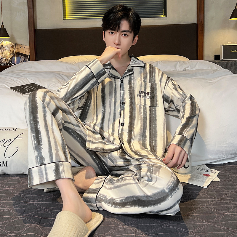 男士睡衣春秋季高级感条纹长袖青少年套装2024年新款可外穿家居服