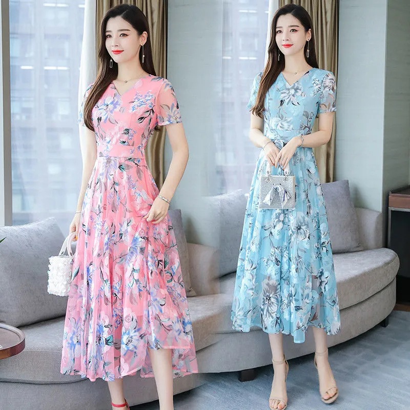 Summer Korean Style Dress 2023 New Printed Large-Sized Skirt Long Women's Mother Floral Middle-Aged and Elderly Beach Dress