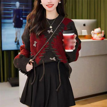 韩系慵懒风撞色菱格设计感厚款毛衣女小众手工宽松圣诞针织衫上衣
