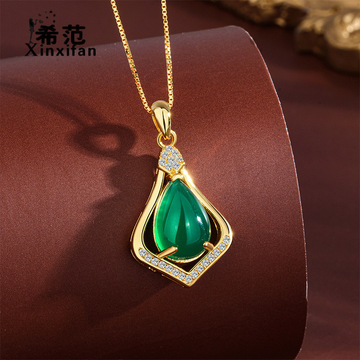 新款绿玉髓水滴吊坠s925纯银项链轻奢锁骨链送妈妈女友母亲节礼物