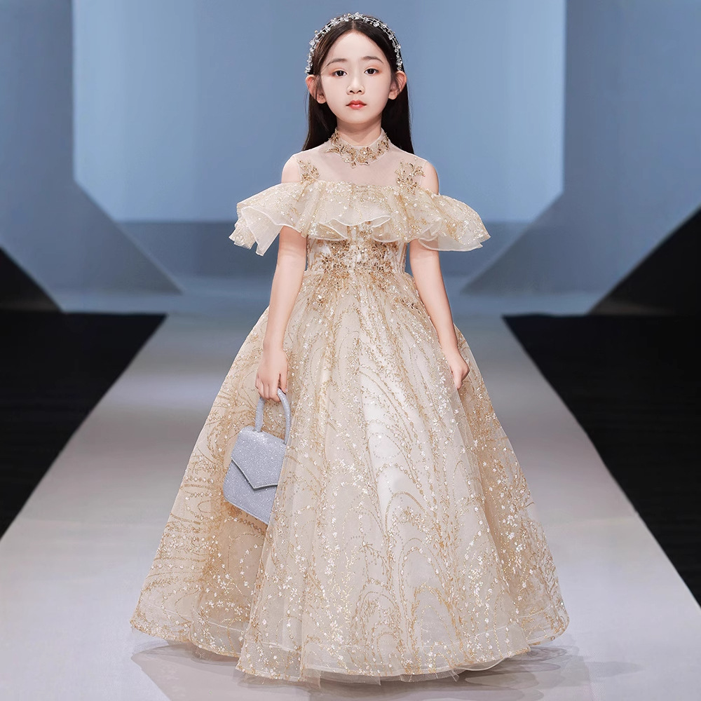 儿童礼服女童公主裙香槟色生日花童蓬蓬纱主持人女童钢琴演出服