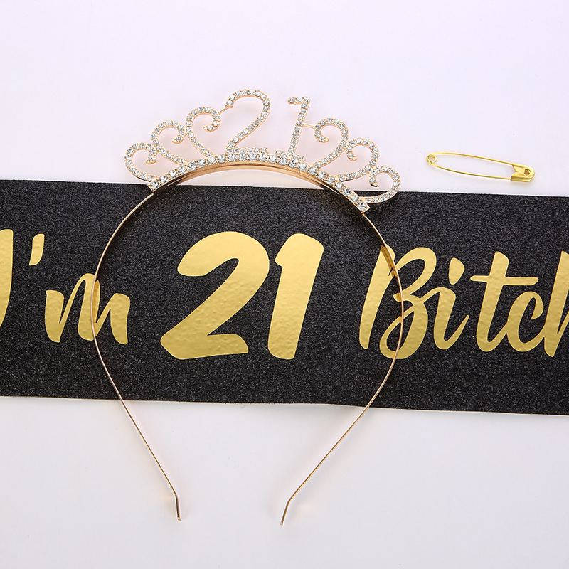 21岁生日发箍肩带套装 个性皮革21腰带礼仪带派对用品数字皇冠女