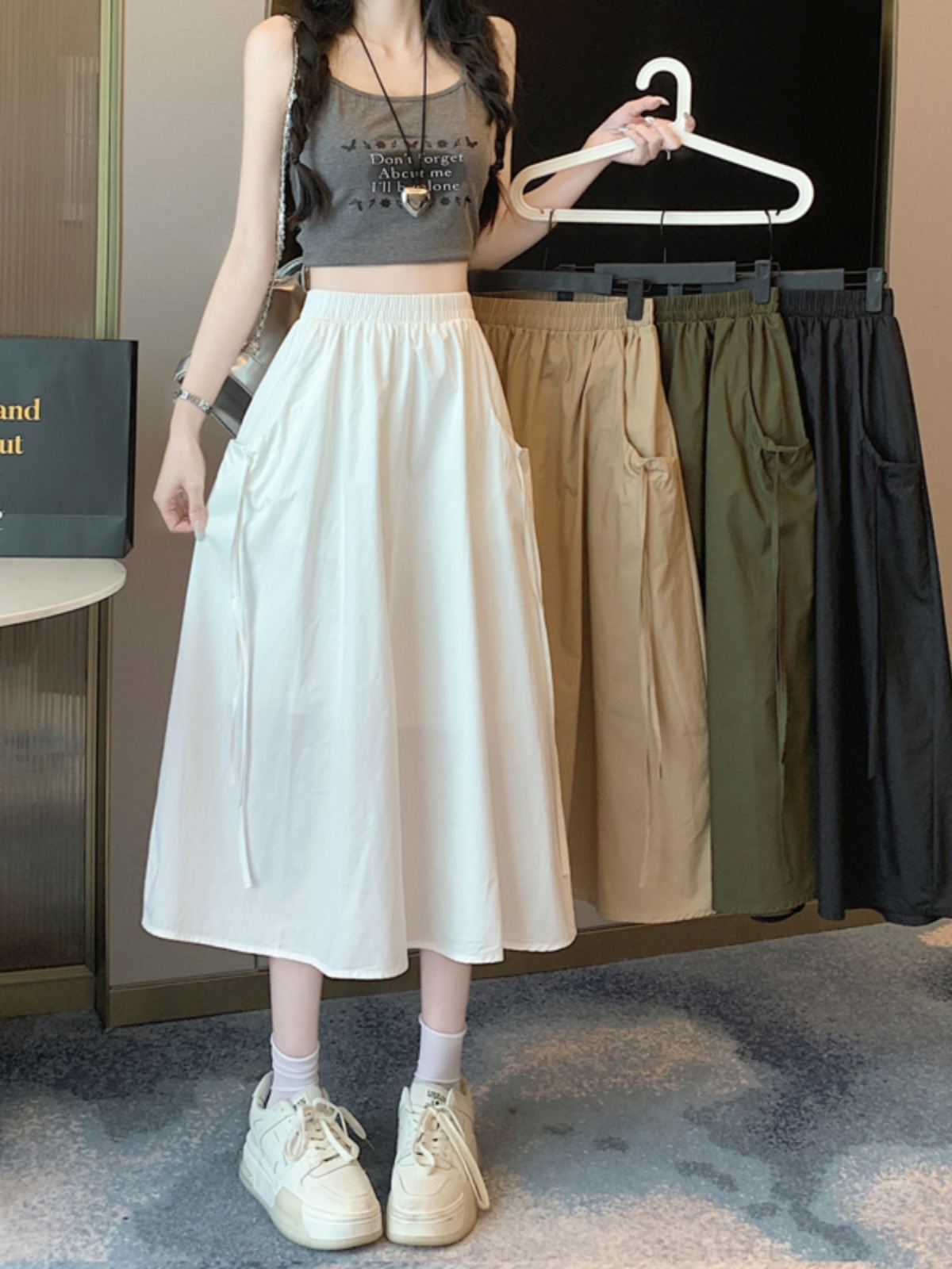 白色高腰工装半身裙女夏季中长款百搭抽绳a字裙小个子休闲伞裙子